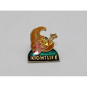 Vintage 80s NIGHTLIFE Lapel Pin Moon Playing Guitar 1988 RARE Hat Tac Pin